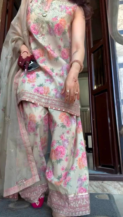 Floral Print Georgette Farshi Palazzo Suit with Embroidery & Sequence Work – Ready to Wear Designer Outfit