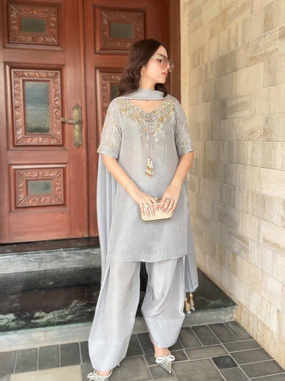 Natural Crepe Farshi Palazzo Suit with Hand Bead Work & Embroidery – Ready to Wear Designer Party Outfit