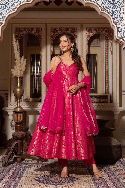 Jacquard Anarkali Gown Heavy Weave Top with Micro Pant Net Dupatta