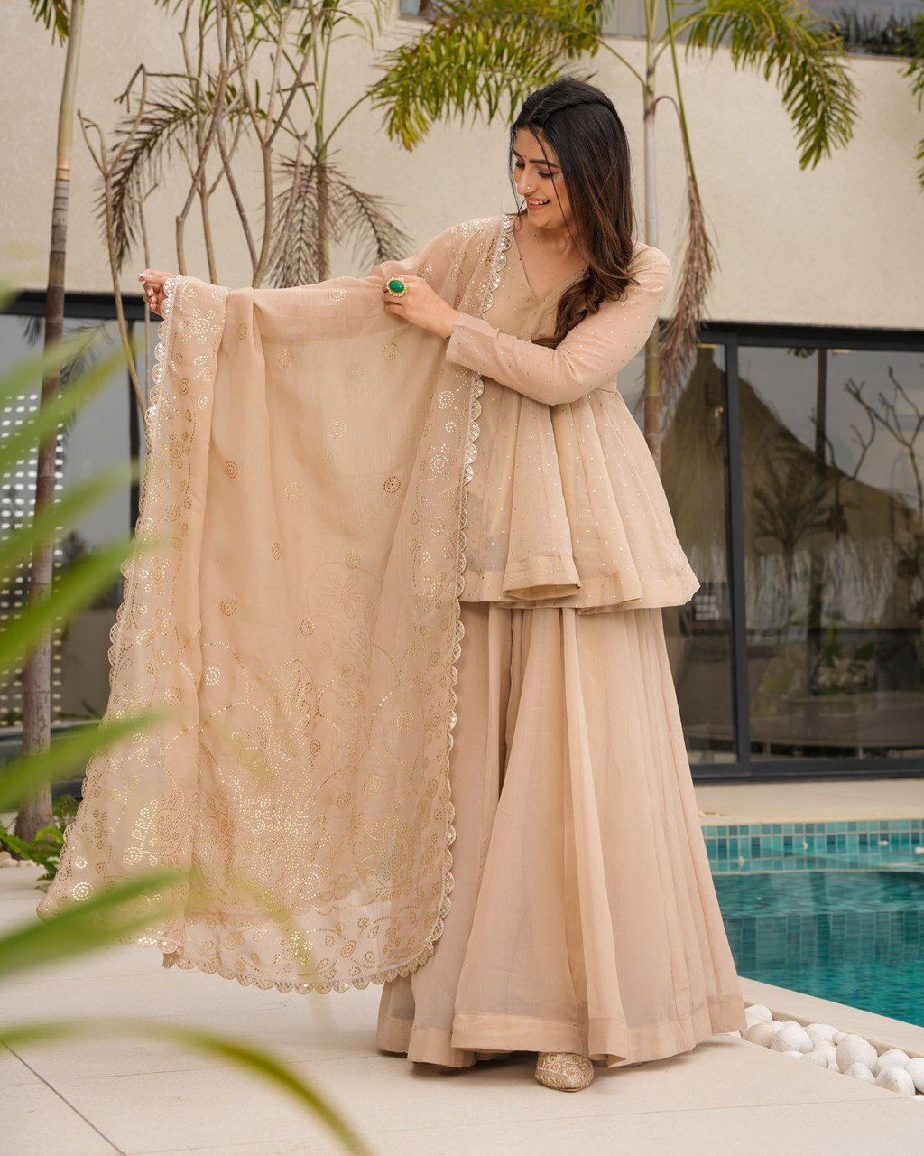 Organza Ready Made Embroidered Sharara Suit