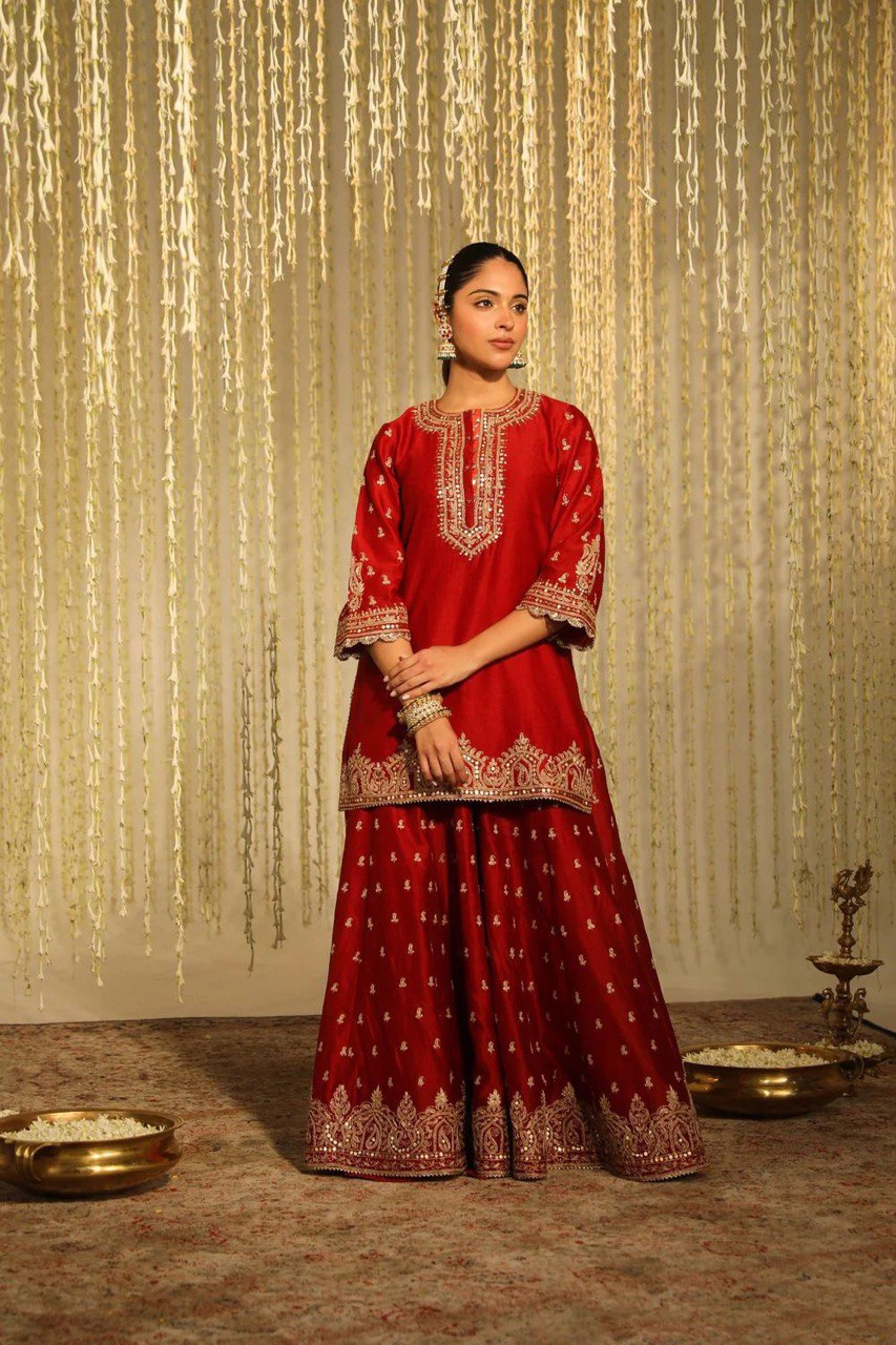 Deep red paisley embroidery sharara set