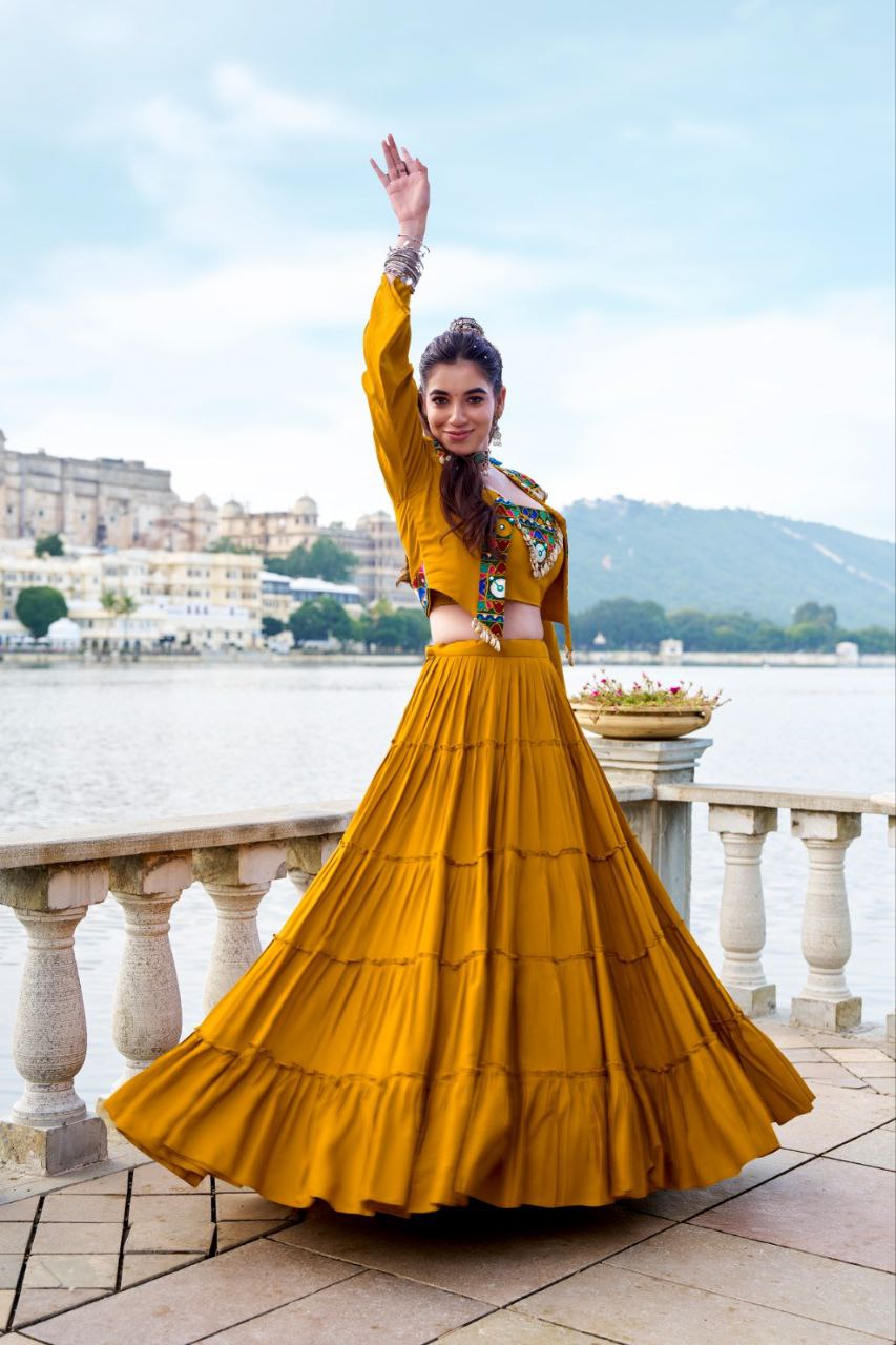 Mustard Yellow Lehenga Choli with Mirror Work and Embroidered Jacket