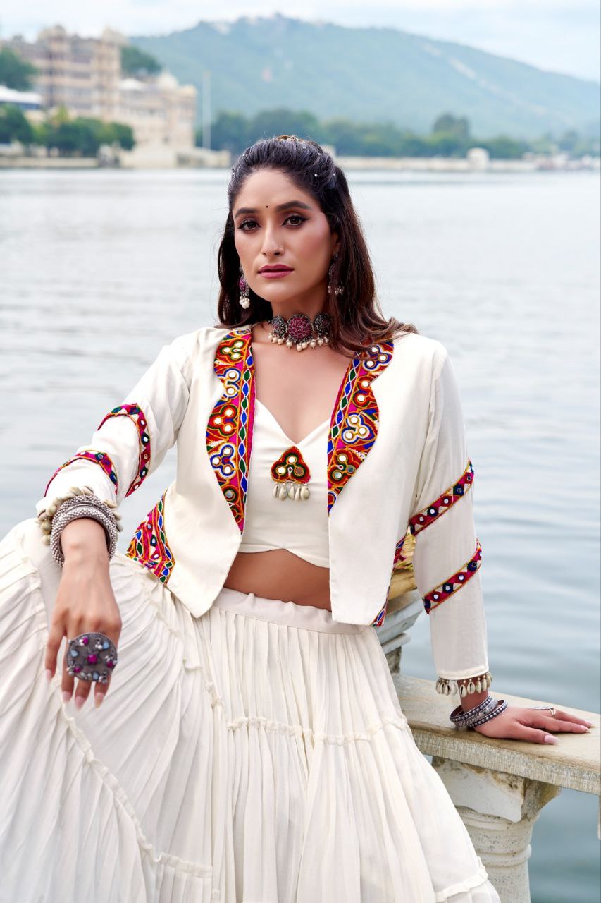 White Mirror Work Lehenga Choli with Embroidered Jacket