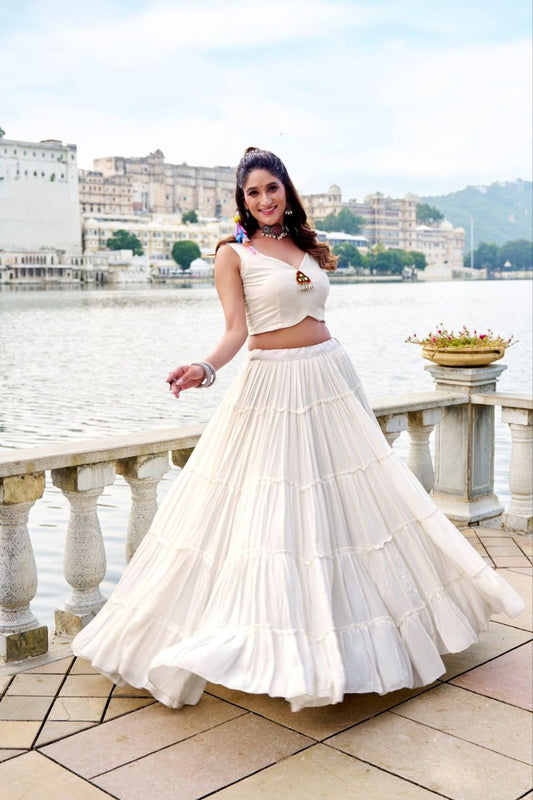 White Mirror Work Lehenga Choli with Embroidered Jacket