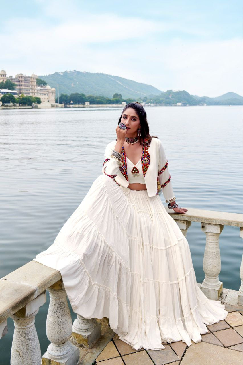 White Mirror Work Lehenga Choli with Embroidered Jacket