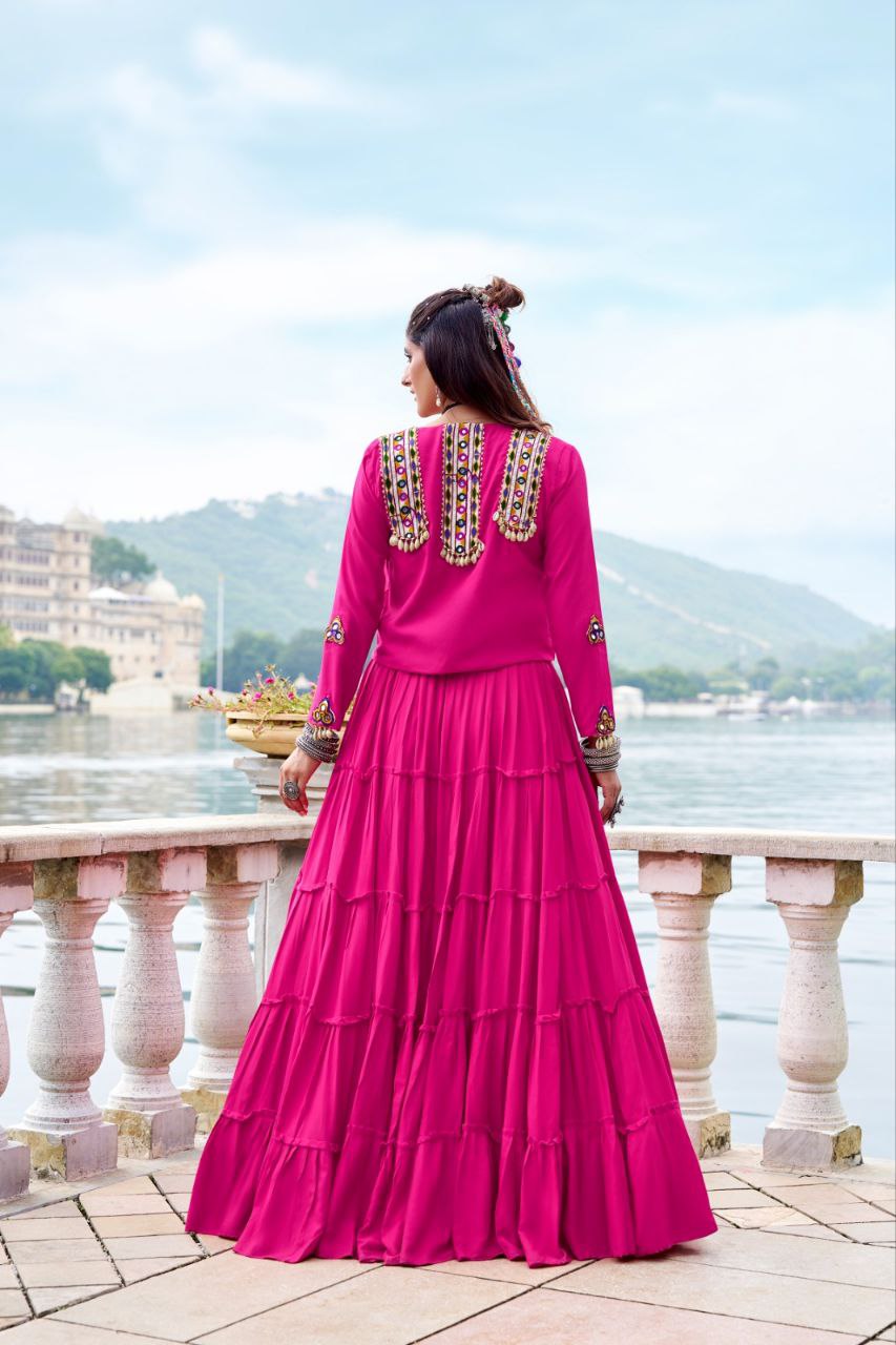 Pink Mirror Work Lehenga Choli with Embroidered Jacket