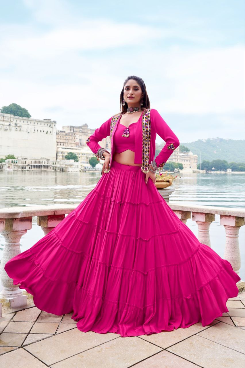 Pink Mirror Work Lehenga Choli with Embroidered Jacket
