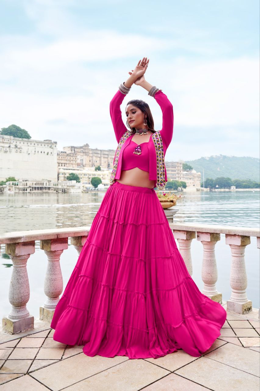 Pink Mirror Work Lehenga Choli with Embroidered Jacket