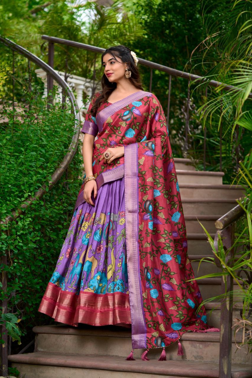 Purple & Red Printed Silk Lehenga Choli with Dupatta