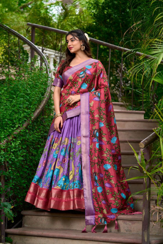 Purple & Red Printed Silk Lehenga Choli with Dupatta