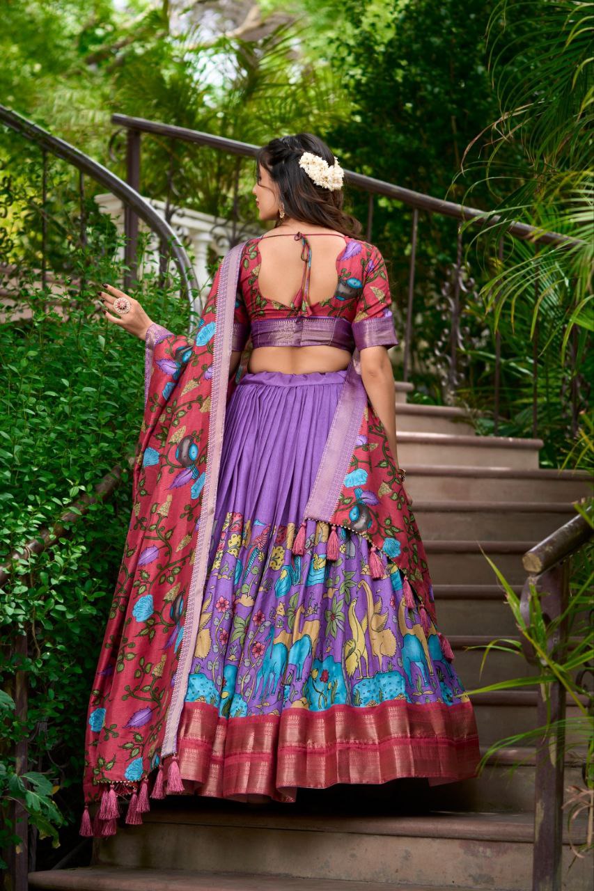 Purple & Red Printed Silk Lehenga Choli with Dupatta