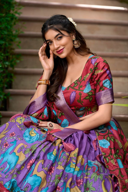 Purple & Red Printed Silk Lehenga Choli with Dupatta