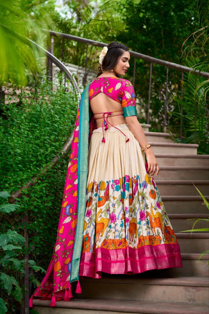 Cream and Pink Silk Lehenga Choli with Green Border Dupatta