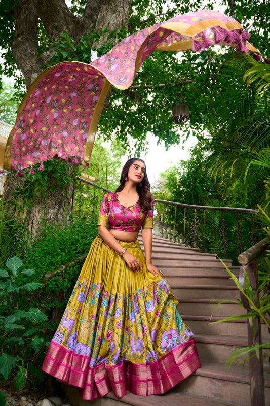 Olive Green Printed Lehenga Choli with Pink Blouse - Golden Dupatta