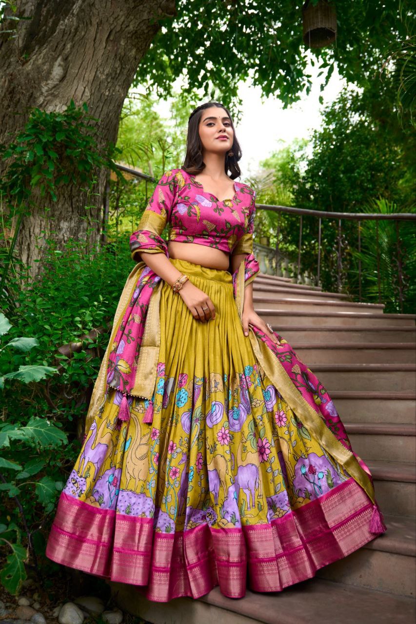 Olive Green Printed Lehenga Choli with Pink Blouse - Golden Dupatta