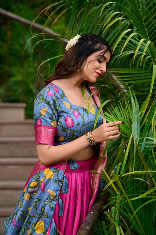 Magenta Blue Floral Silk Lehenga Choli with Contrast Dupatta