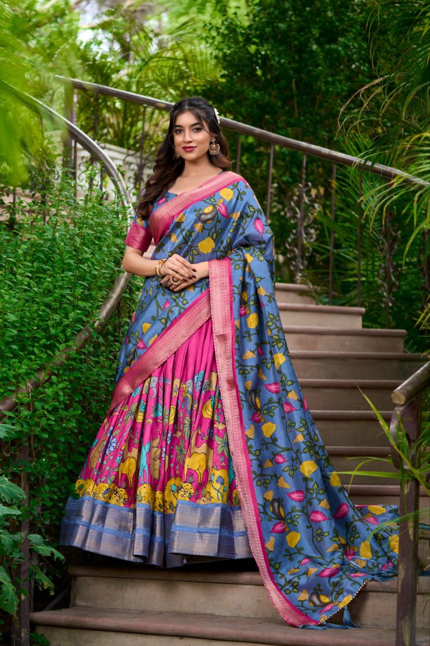 Magenta Blue Floral Silk Lehenga Choli with Contrast Dupatta