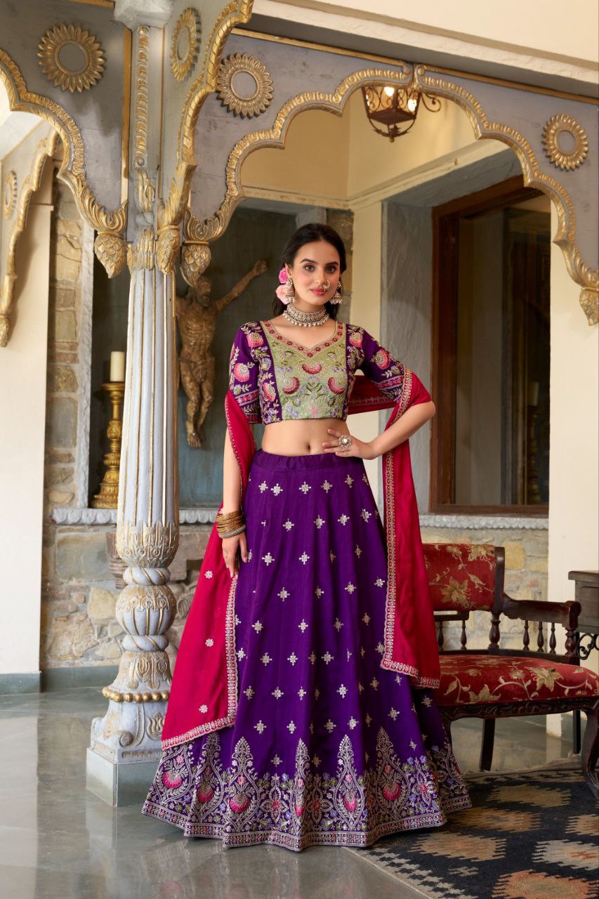 Purple Silk Lehenga Choli with Green Embroidered Blouse and Pink Dupatta for Wedding and Festive Wear