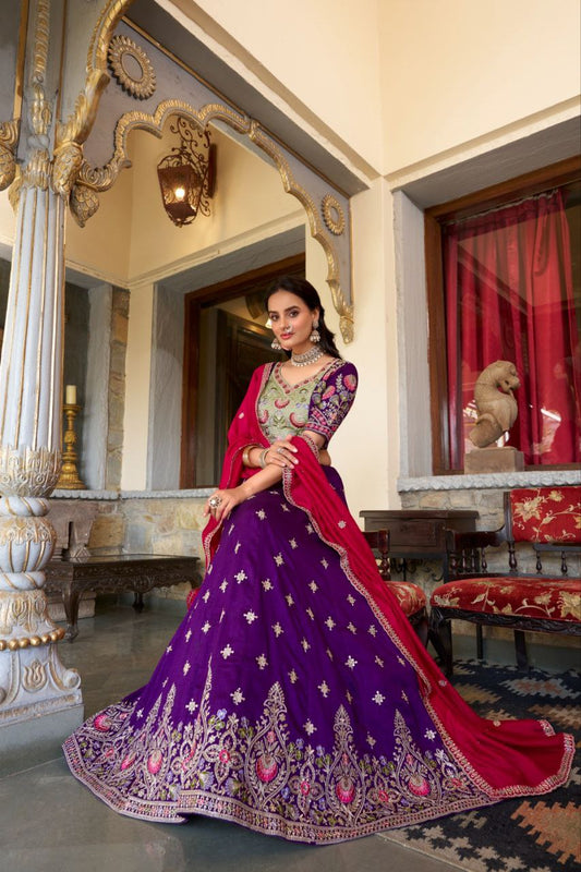 Purple Silk Lehenga Choli with Green Embroidered Blouse and Pink Dupatta for Wedding and Festive Wear