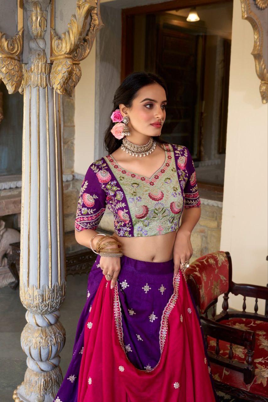 Purple Silk Lehenga Choli with Green Embroidered Blouse and Pink Dupatta for Wedding and Festive Wear