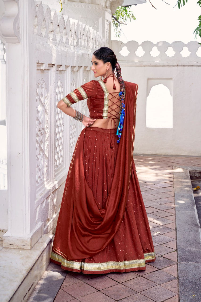 Rust Orange Pure Chanderi Silk Lehenga Choli With Zari Weaving & Lace Touch Up
