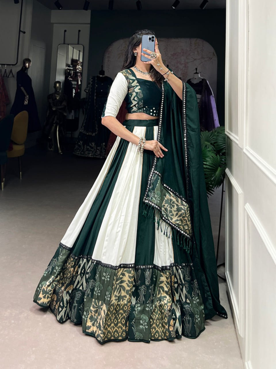 Green Rayon Printed Lehenga Choli with Mirror Work & Gota Patti