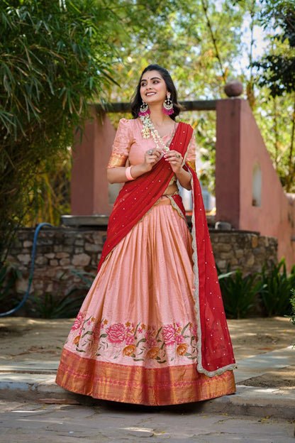 Peach Cotton Silk Lehenga Choli Thread Embroidery with Drape Georgette Dupatta