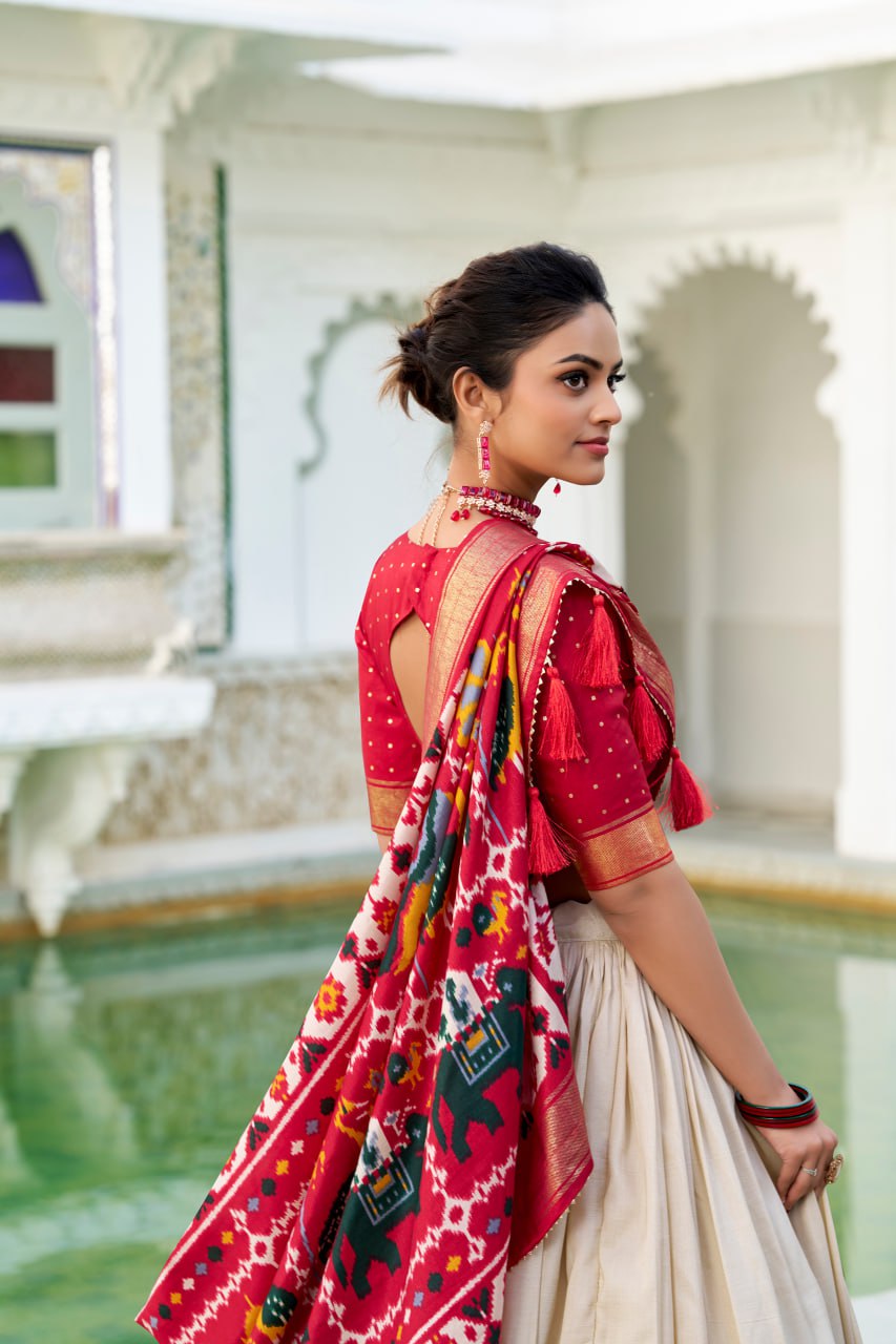 Tussar Silk Traditional Cream Patola Print Chaniya Choli for Navratri with Foil Work & Gotta Patti Dupatta