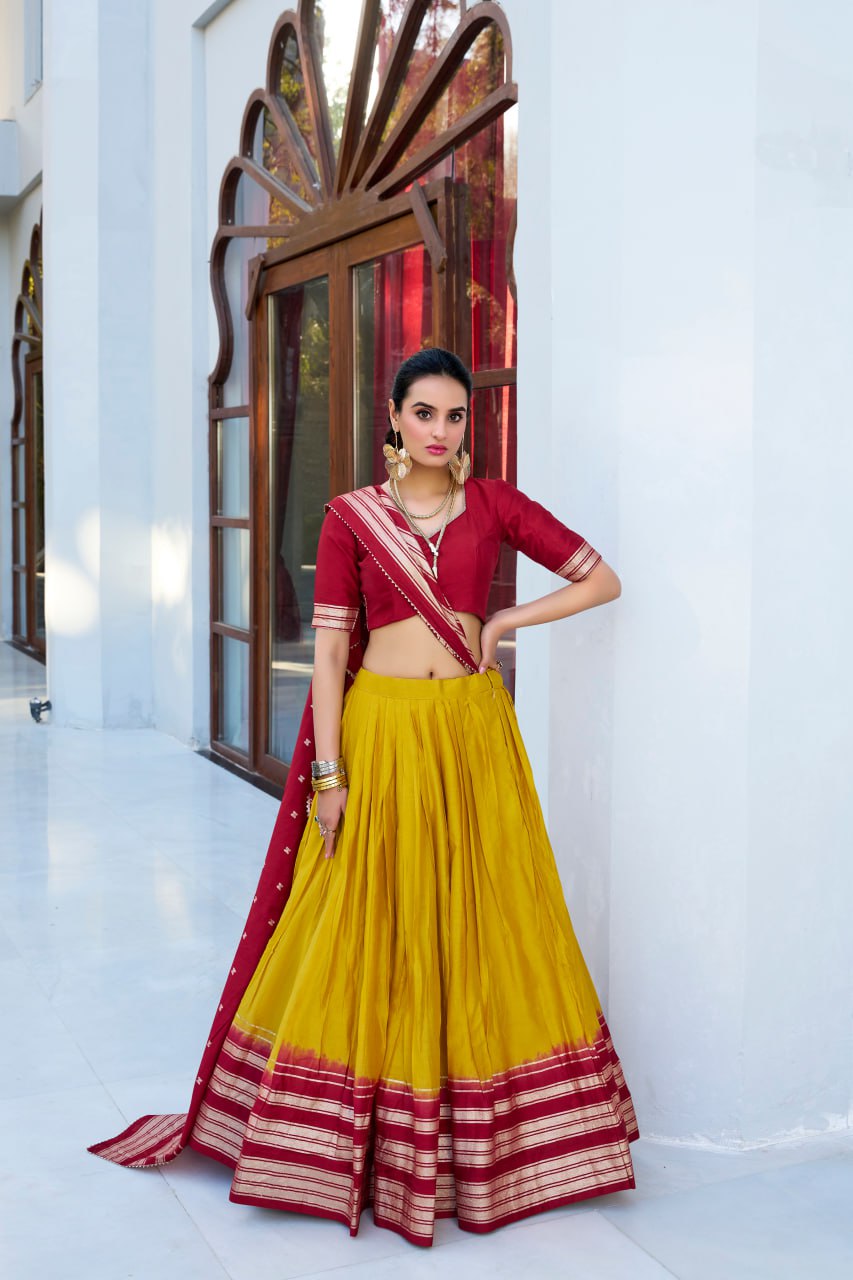 Designer Pure Chanderi Mustard Yellow Bridal Lehenga Choli with Zari Weaving Work & Dupatta