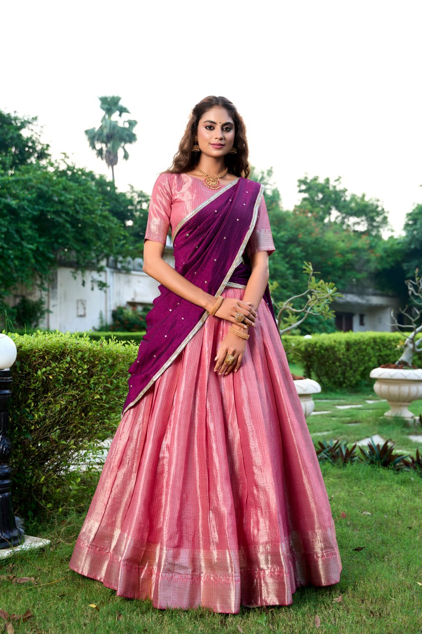 Pink Kanchipuram Lehenga Choli with Zari Weaving Work & Vichitra Silk Embroidered Dupatta