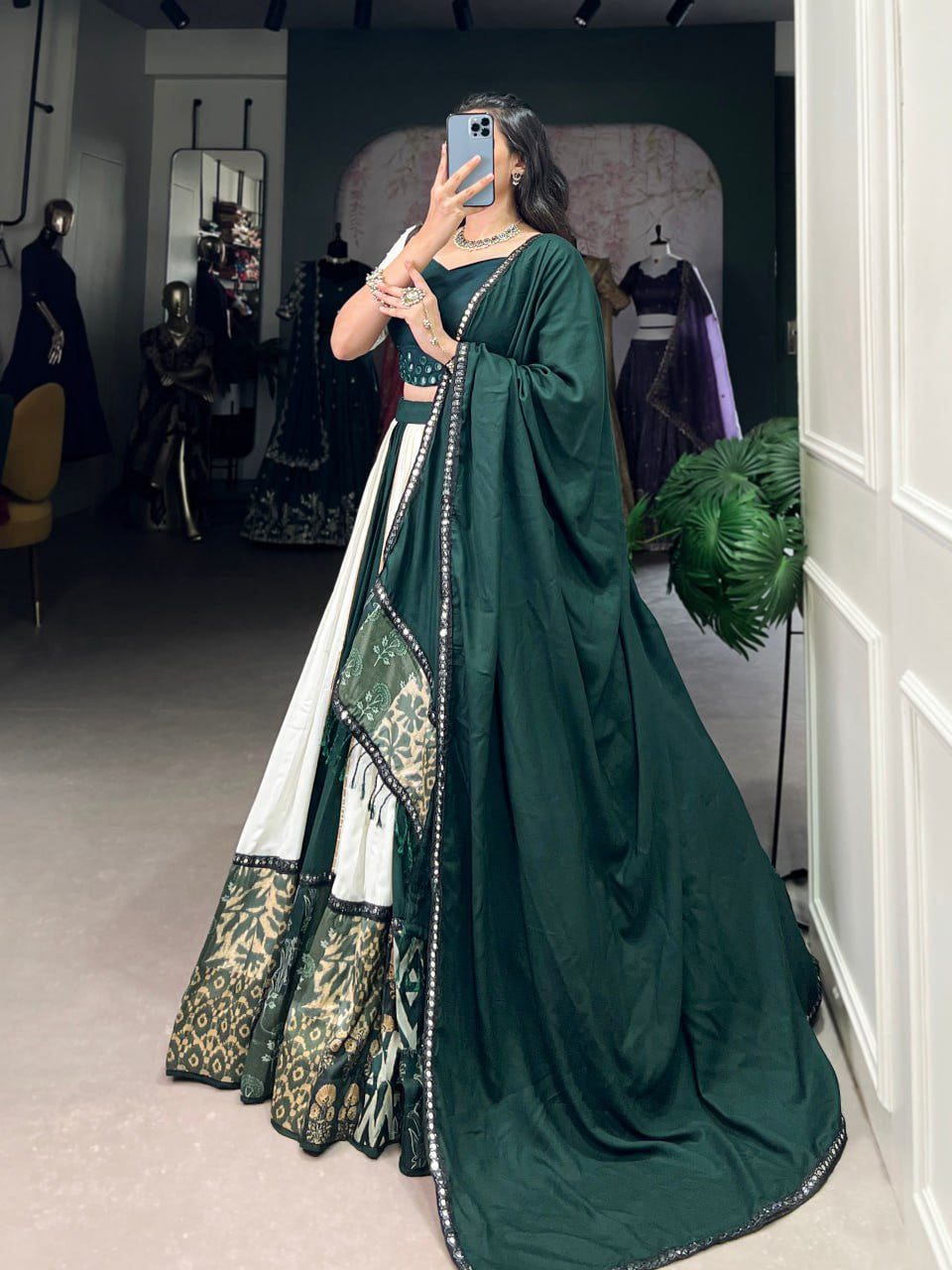 Green Rayon Printed Lehenga Choli with Mirror Work & Gota Patti