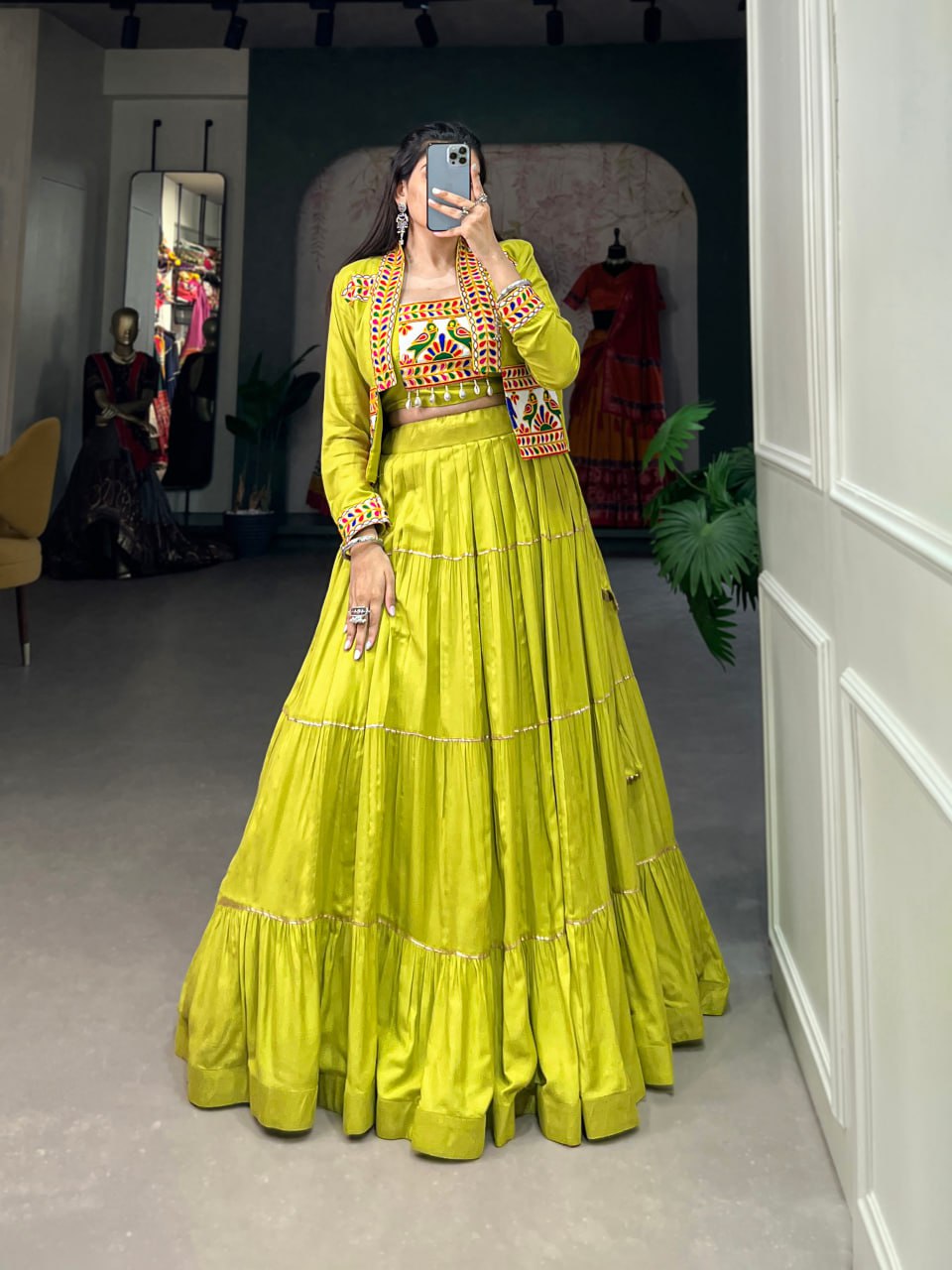 Navratri Lehenga Choli with Koti, Pure Rayon Lehenga Set, Gamthi Work Festival Wear Outfit, Gota Patti Lehenga for Navratri, Designer Navratri Chaniya Choli 2025, Stitched Lehenga Choli with Jacket, Traditional Indian Lehenga Outfit, Cowrie Lace Work Lehenga Choli, Women’s Navratri Garba Dress, Rayon Lehenga Choli with Gamthi Embroidery