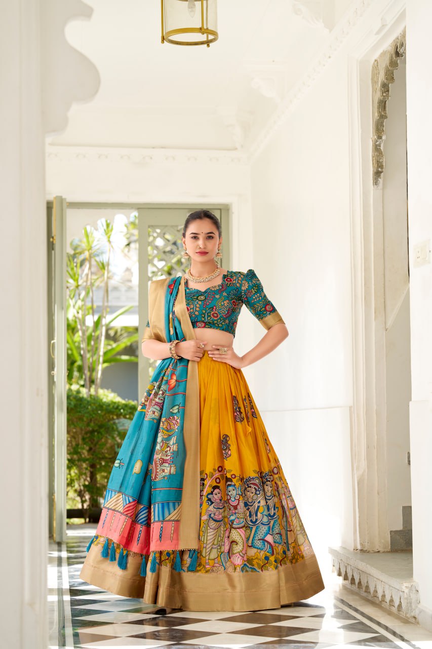 Dola Silk Lehenga Choli, Kalamkari Print Garba Choli, Festival Wear Lehenga Choli 2025, Designer Silk Lehenga for Women, Traditional Garba Outfit Online, Weaving Border Lehenga Choli Set, Tassel Dupatta Lehenga Choli, Indian Ethnic Wear for Festivals, Stitched Dola Silk Lehenga Set, Kalamkari Print Silk Chaniya Choli