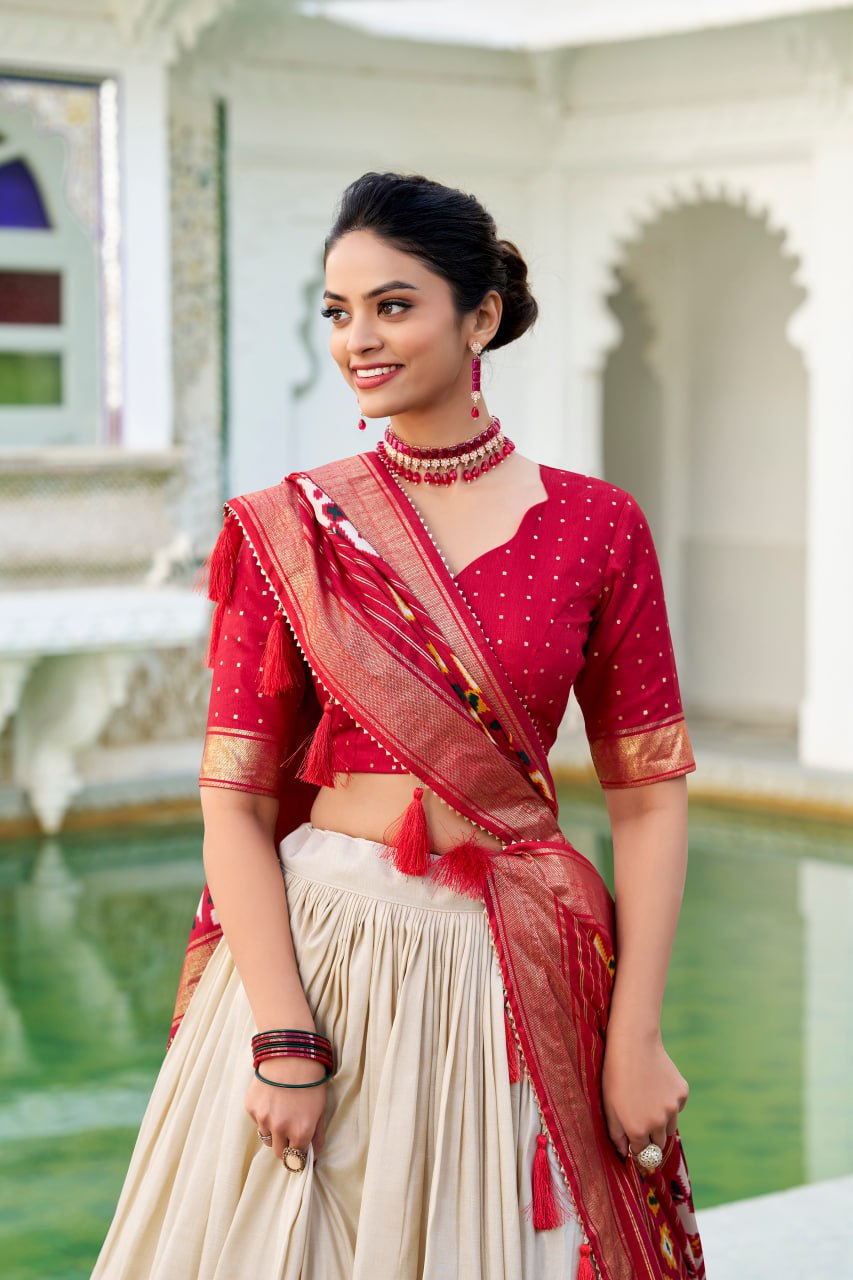 Tussar Silk Traditional Cream Patola Print Chaniya Choli for Navratri with Foil Work & Gotta Patti Dupatta
