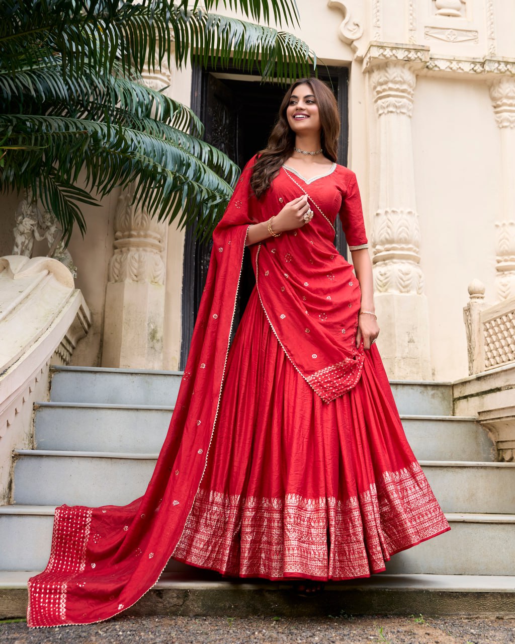 Pure Chanderi Red Chaniya Choli for Navratri with Zari Weaving Border & Sequins Dupatta