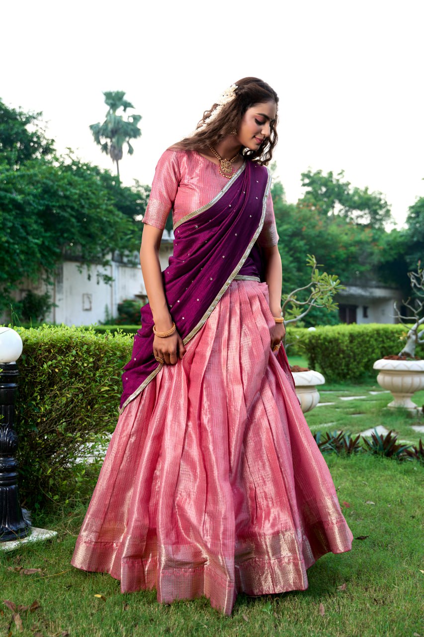 Pink Kanchipuram Lehenga Choli with Zari Weaving Work & Vichitra Silk Embroidered Dupatta