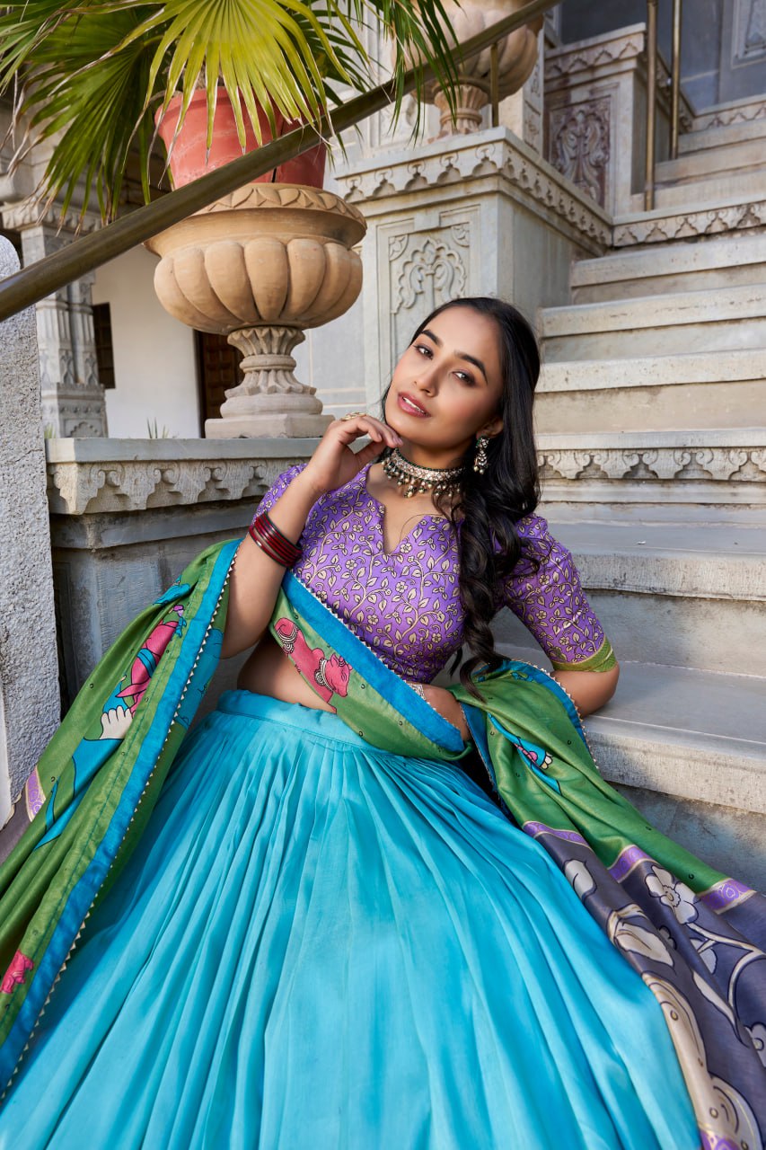Sky Blue Kalamkari Lehenga Choli with Foil Work & Gota Patti Dupatta