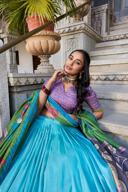 Sky Blue Kalamkari Lehenga Choli with Foil Work & Gota Patti Dupatta