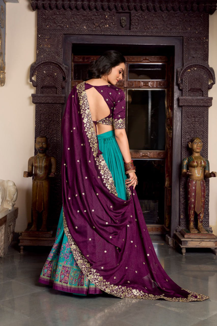 Purple Teal Designer Wedding Lehenga Choli with Foil Print & Dupatta