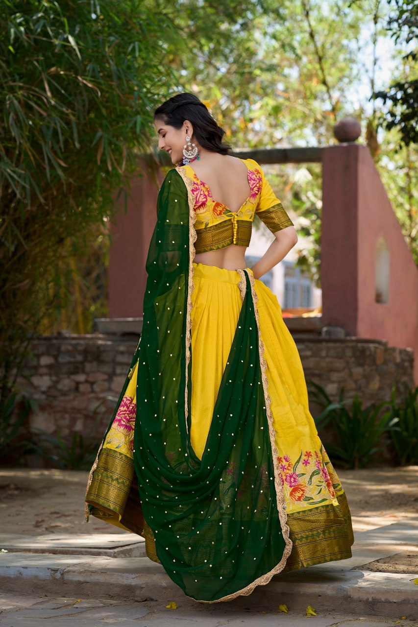 Yellow Cotton Silk Lehenga Choli Thread Embroidery with Drape Georgette Dupatta