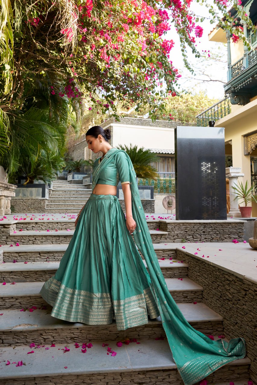 Pure Chanderi Bottle Green Chaniya Choli for Navratri with Zari Weaving Border & Sequins Dupatta