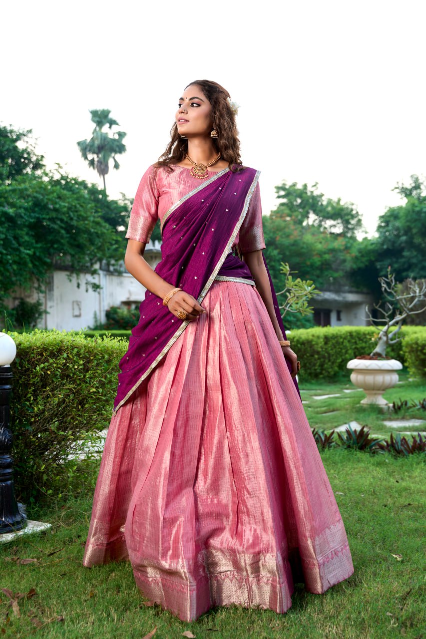 Pink Kanchipuram Lehenga Choli with Zari Weaving Work & Vichitra Silk Embroidered Dupatta