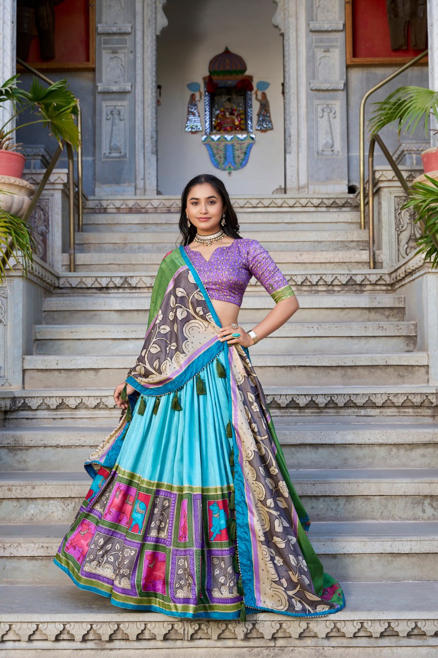 Sky Blue Kalamkari Lehenga Choli with Foil Work & Gota Patti Dupatta