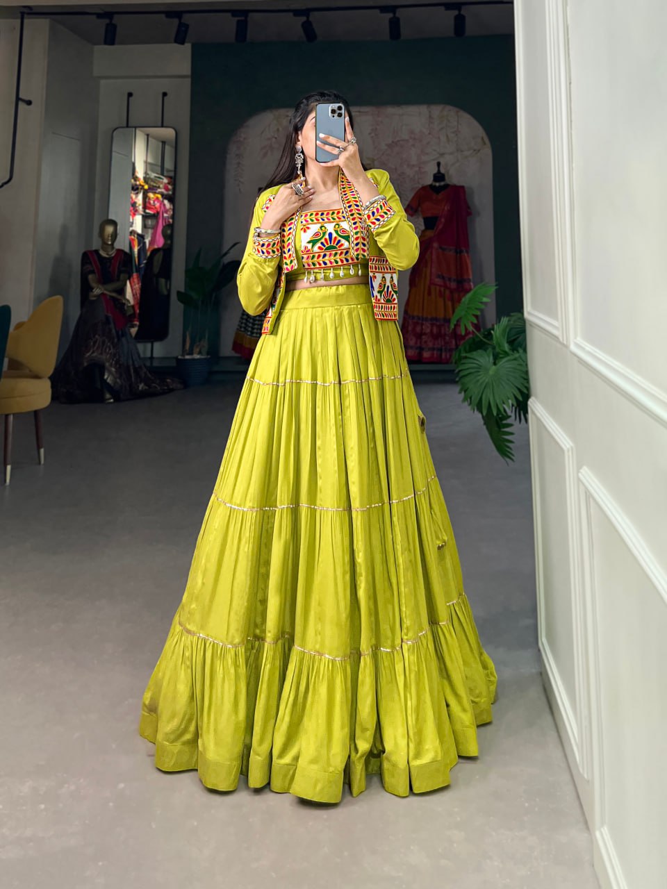 Navratri Lehenga Choli with Koti, Pure Rayon Lehenga Set, Gamthi Work Festival Wear Outfit, Gota Patti Lehenga for Navratri, Designer Navratri Chaniya Choli 2025, Stitched Lehenga Choli with Jacket, Traditional Indian Lehenga Outfit, Cowrie Lace Work Lehenga Choli, Women’s Navratri Garba Dress, Rayon Lehenga Choli with Gamthi Embroidery