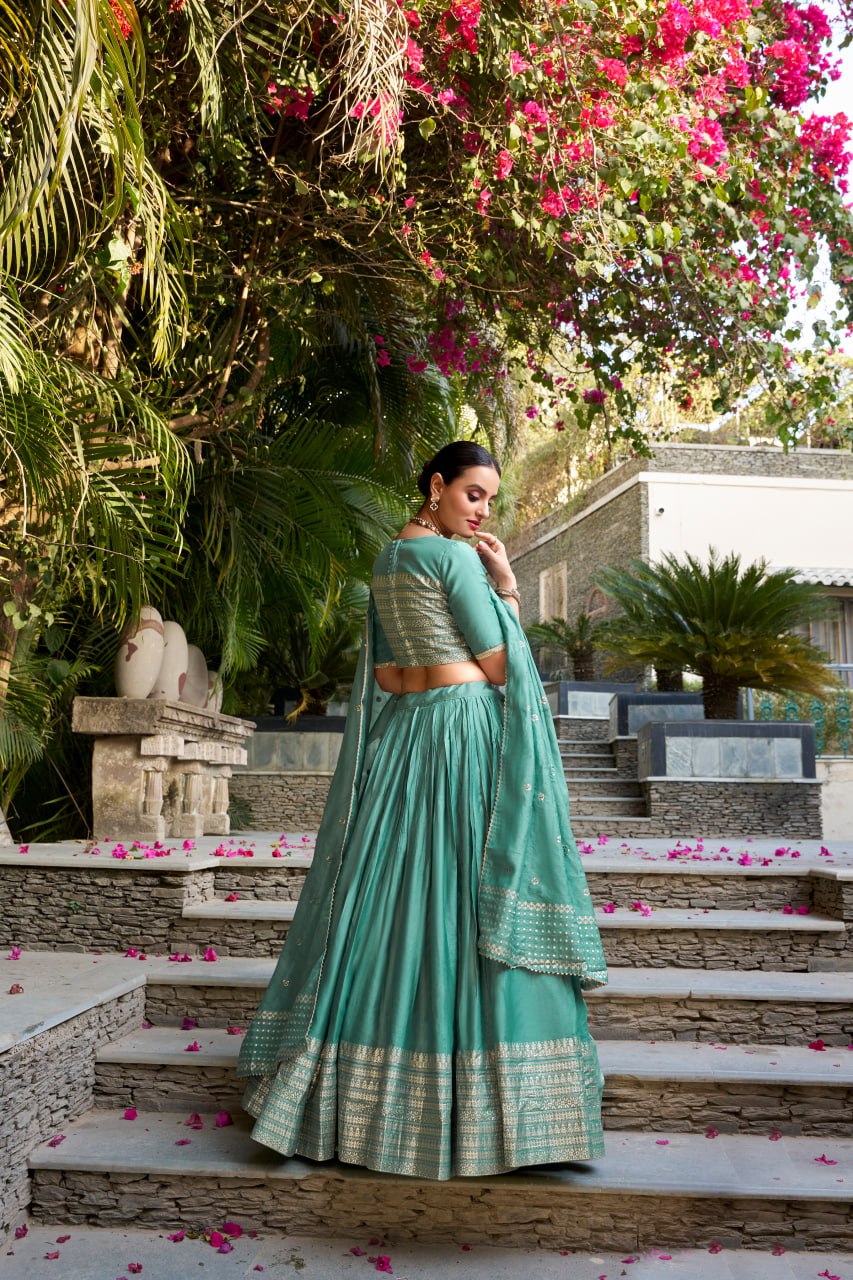 Pure Chanderi Bottle Green Chaniya Choli for Navratri with Zari Weaving Border & Sequins Dupatta