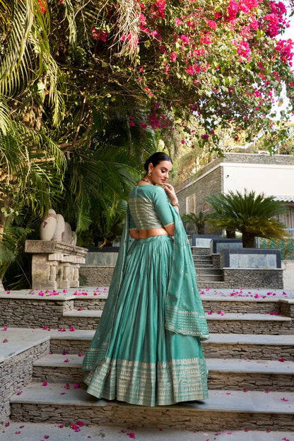 Pure Chanderi Bottle Green Chaniya Choli for Navratri with Zari Weaving Border & Sequins Dupatta