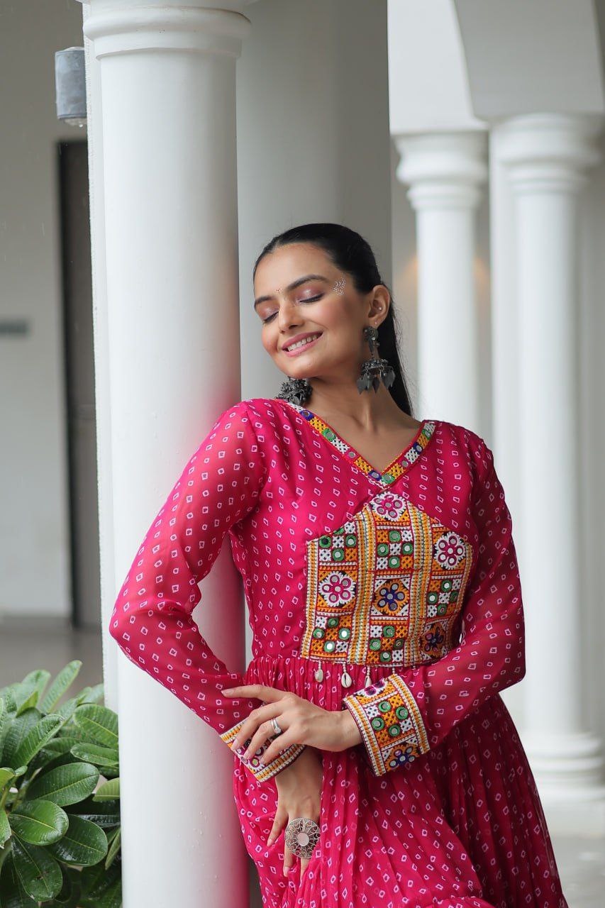 Bandhani Print Kutchi Work Navratri Gown