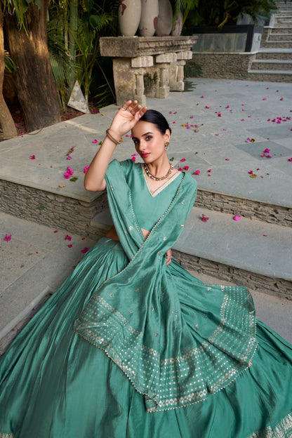 Pure Chanderi Bottle Green Chaniya Choli for Navratri with Zari Weaving Border & Sequins Dupatta