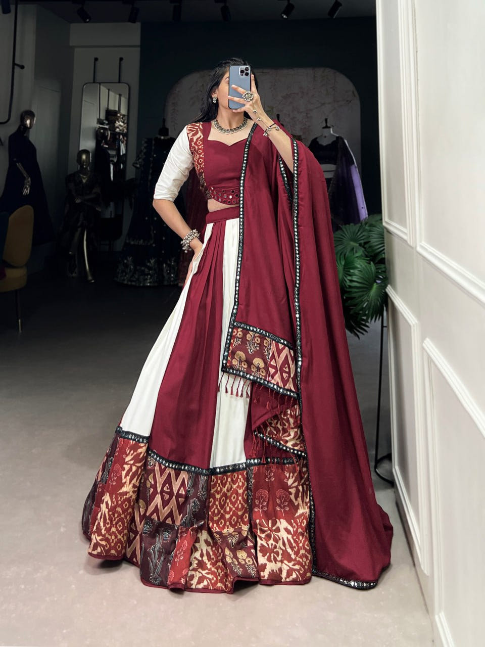 Maroon Rayon Printed Lehenga Choli with Mirror Work & Gota Patti