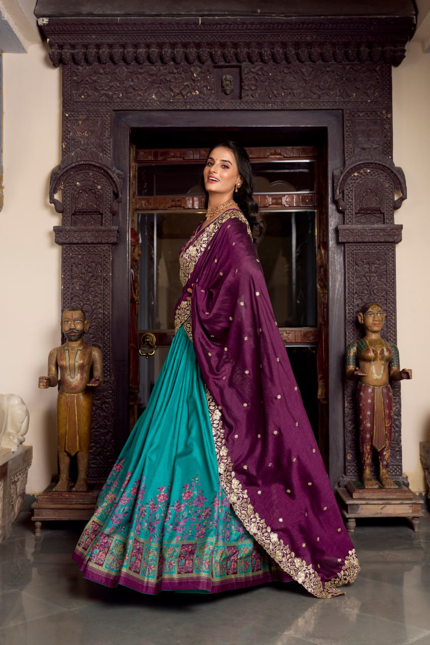 Purple Teal Designer Wedding Lehenga Choli with Foil Print & Dupatta